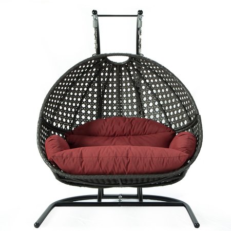 LEISUREMOD Wicker Hanging Double Egg Swing Chair with Dark Red Cushions EKDCH-57DR